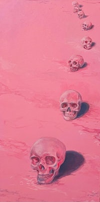 a painting of pink skulls on a pink background