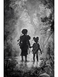 a black and white drawing of two children in the woods