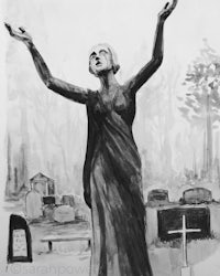 a black and white drawing of a statue in a cemetery