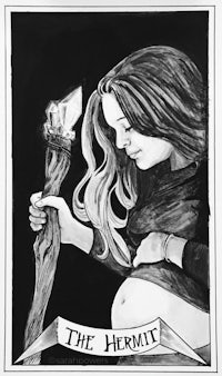 a black and white drawing of a woman holding a wand