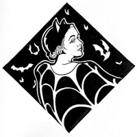 a black and white drawing of a woman in a bat costume